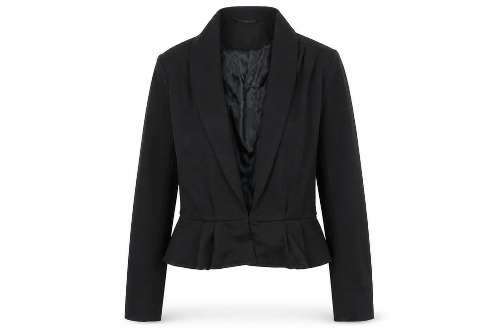 Front view of Monsoon women’s black jacket blazer, size UK 12, hook & eye