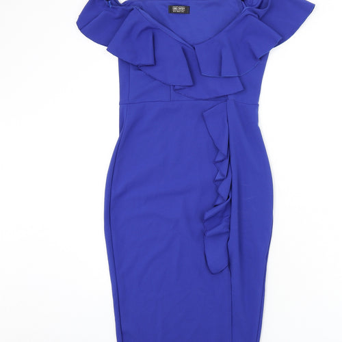 Girls On Film Womens Blue Polyester Bodycon Size 10 Off the Shoulder Pullover - Ruffle Detail, Slit