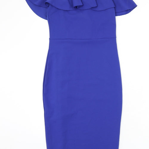 Girls On Film Womens Blue Polyester Bodycon Size 10 Off the Shoulder Pullover - Ruffle Detail, Slit