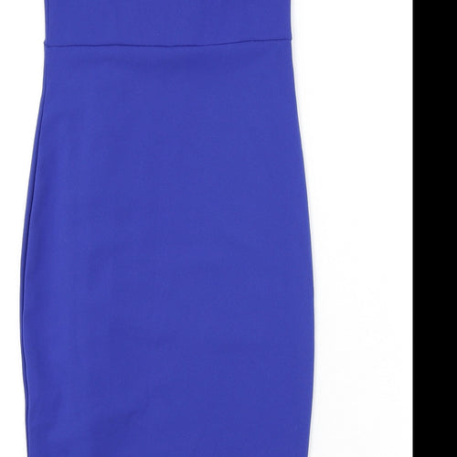 Girls On Film Womens Blue Polyester Bodycon Size 10 Off the Shoulder Pullover - Ruffle Detail, Slit