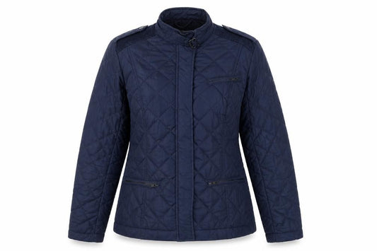 Front view of French Connection women’s blue quilted jacket, size UK 12, zip - elbow pads