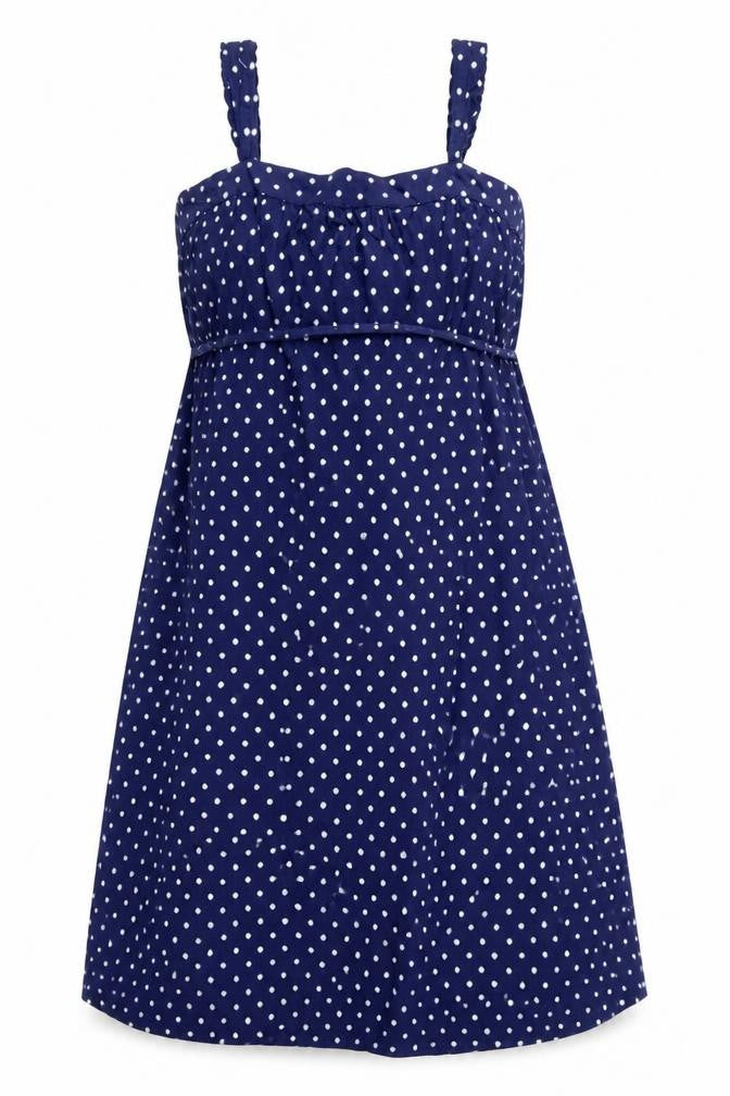 Front view of Marks & Spencer women’s blue polka dot linen a-line, size UK 2, square neck pullover - belted
