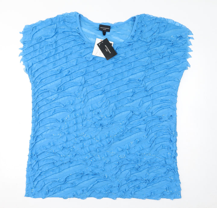 Antthony Womens Blue Polyester Basic T-Shirt Size 3XL Round Neck - Sparkle, Ruffles