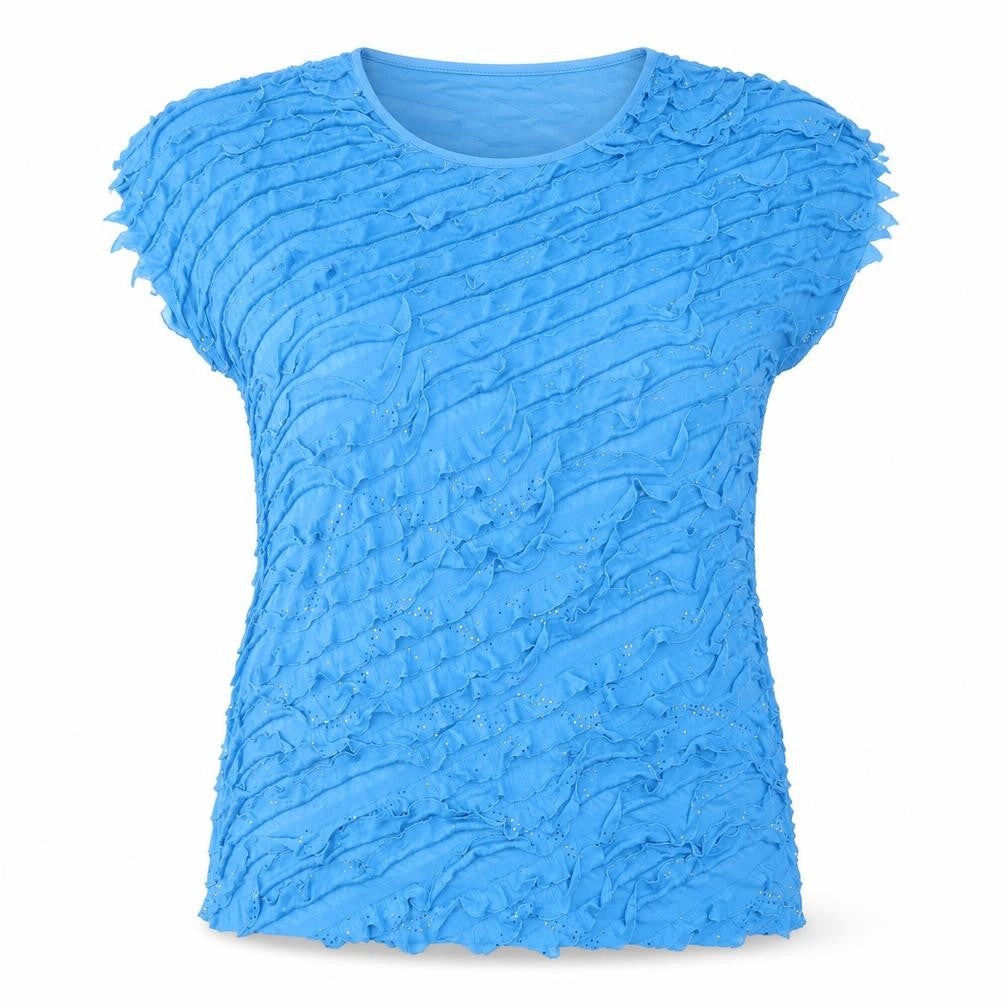Front view of Antthony women’s blue polyester basic t-shirt, size 3XL, round neck - sparkle, ruffles