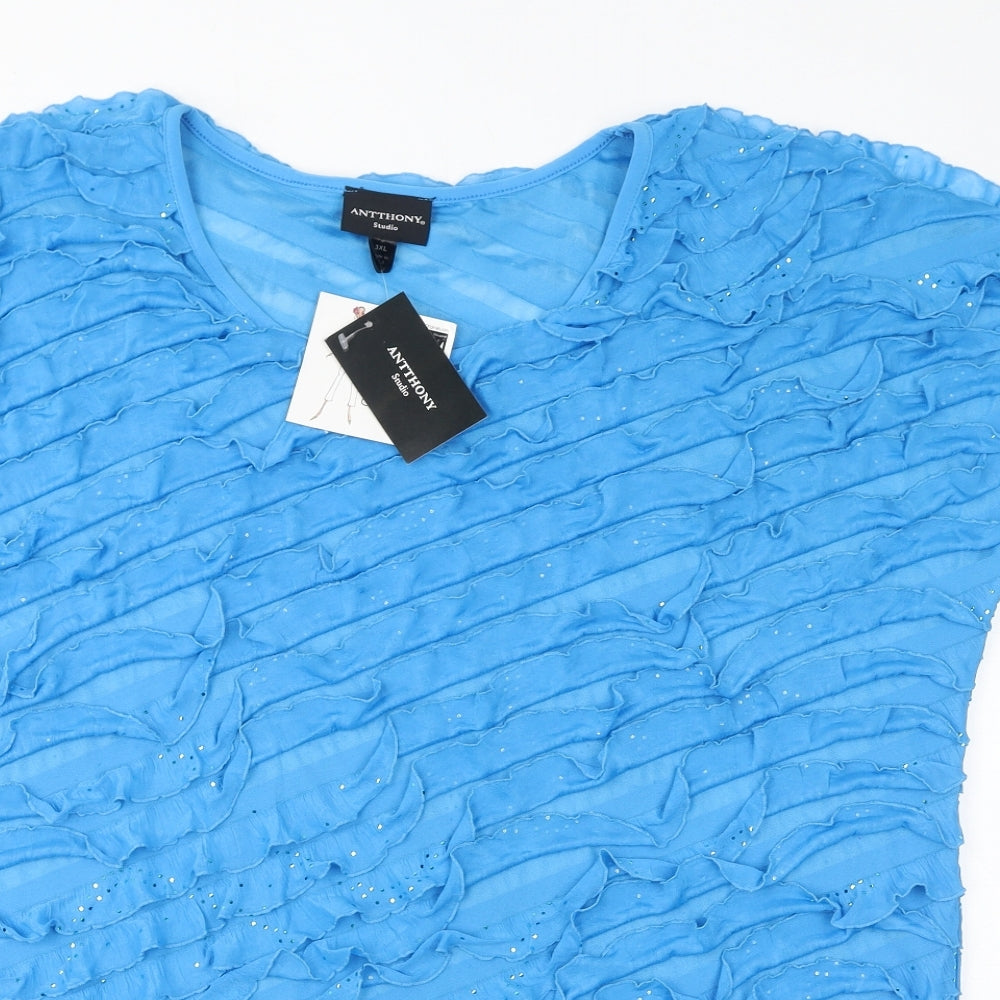 Antthony Womens Blue Polyester Basic T-Shirt Size 3XL Round Neck - Sparkle, Ruffles