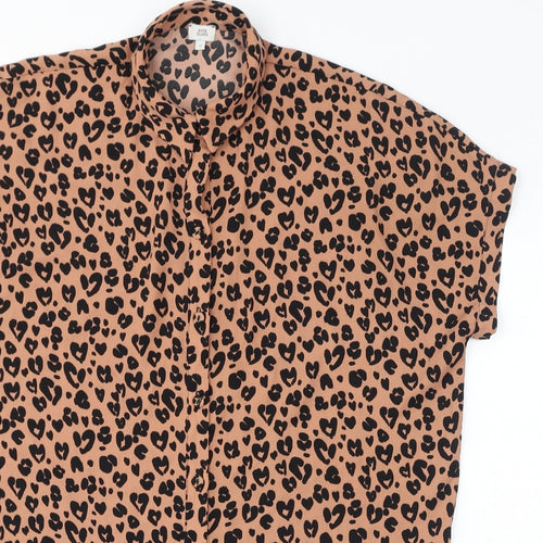 River Island Womens Brown Geometric Polyester Basic Button-Up Size 12 Collared