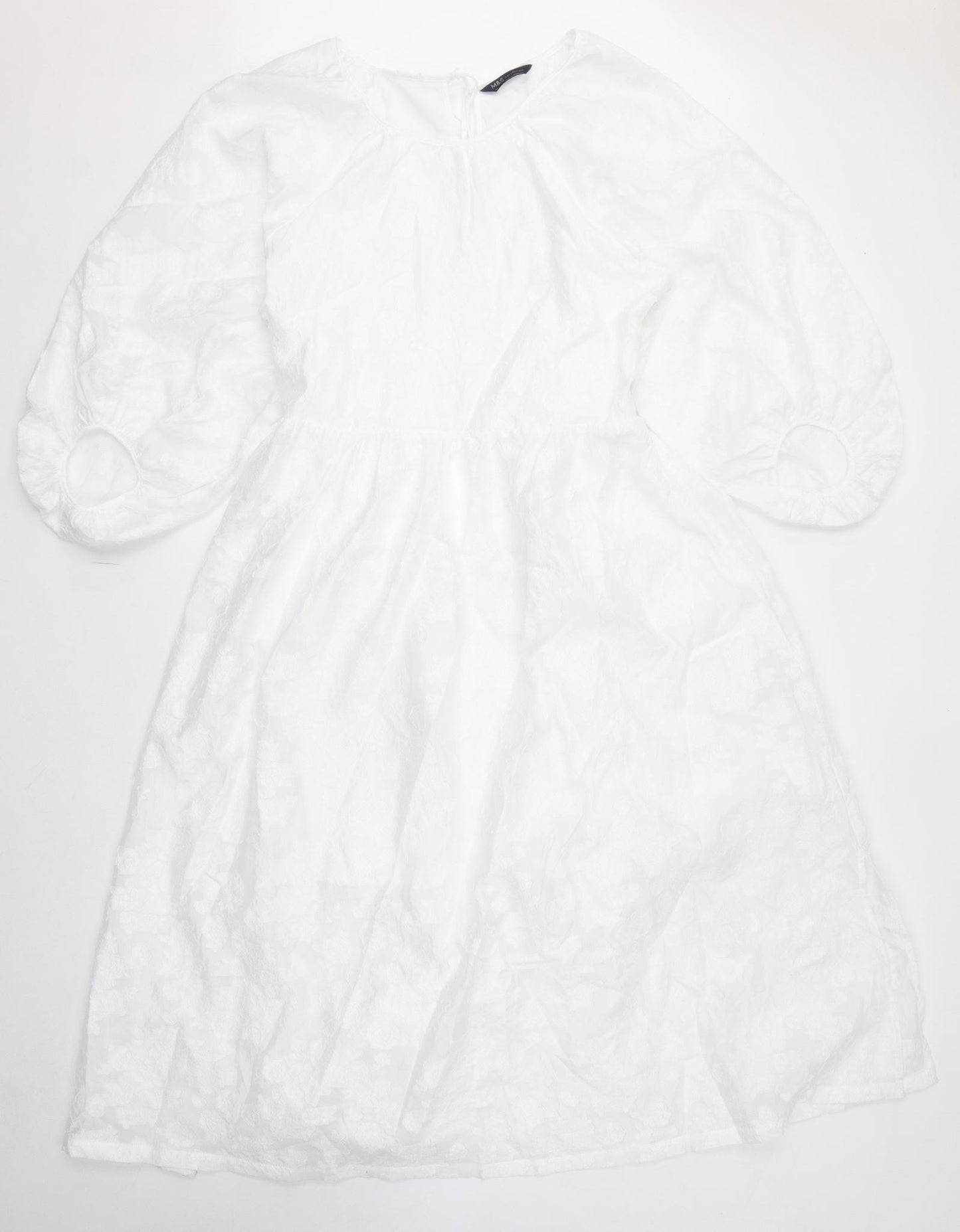 Marks and Spencer Womens White Floral Polyester A-Line Size 14 Round Neck Zip - Mutton Sleeves