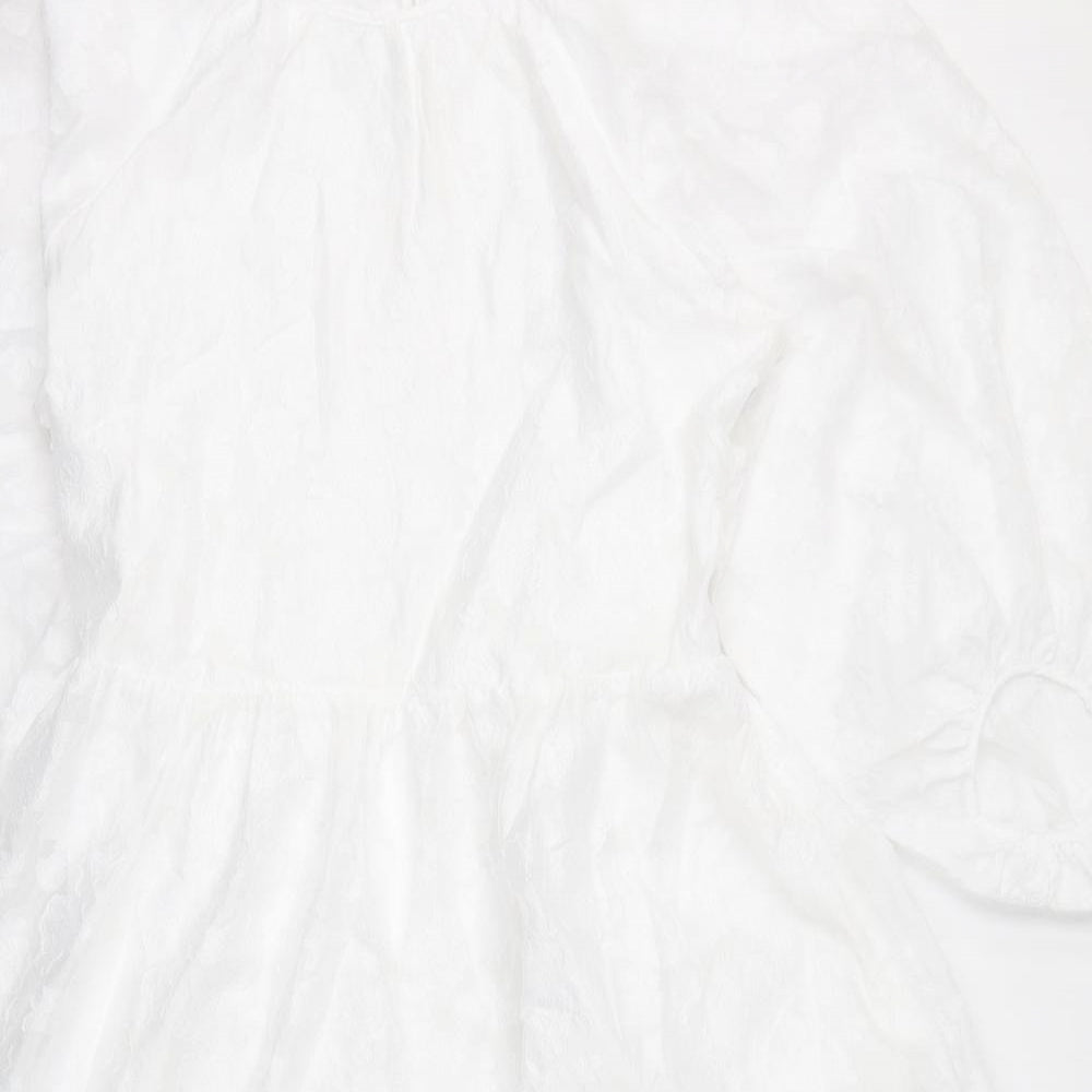 Marks and Spencer Womens White Floral Polyester A-Line Size 14 Round Neck Zip - Mutton Sleeves