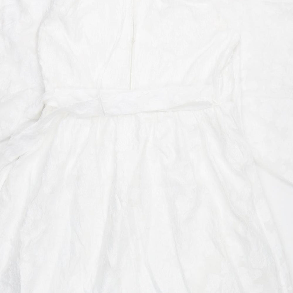 Marks and Spencer Womens White Floral Polyester A-Line Size 14 Round Neck Zip - Mutton Sleeves
