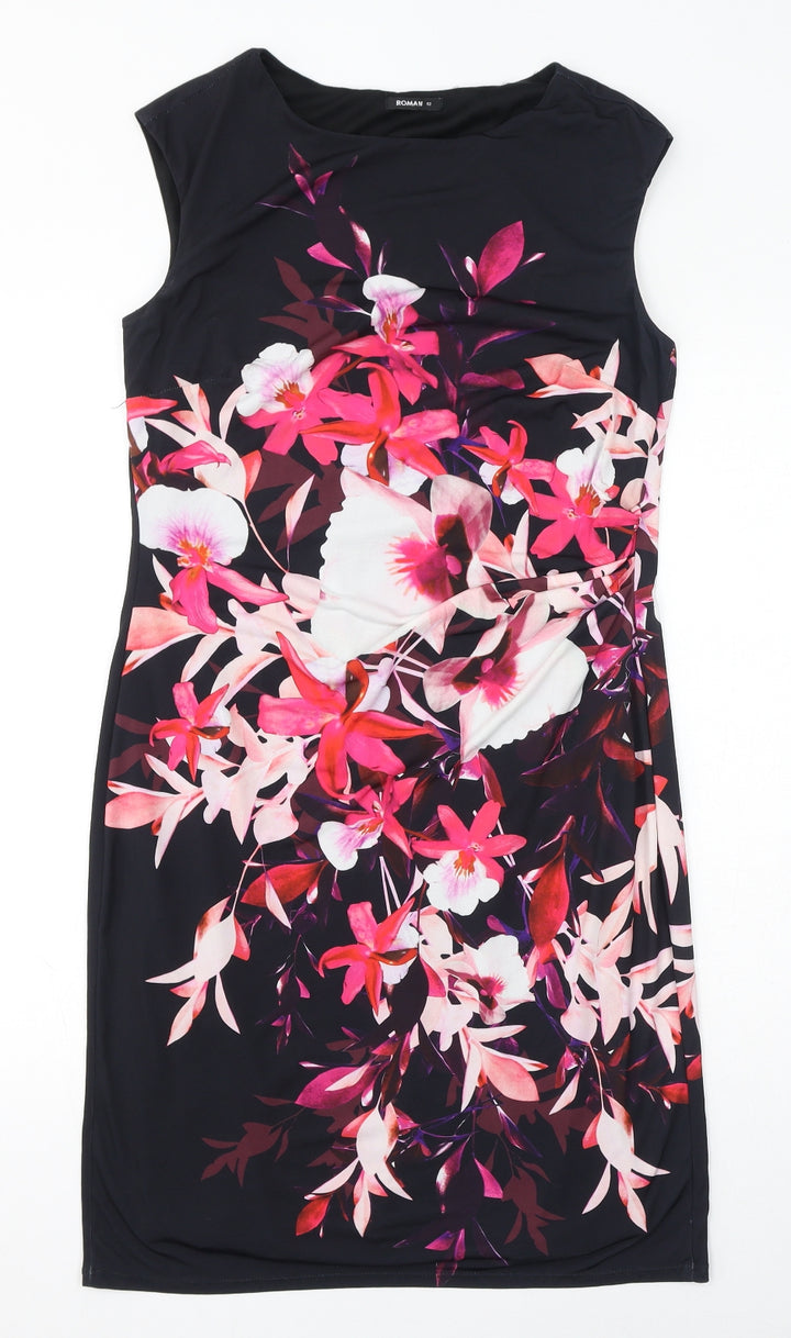 Roman Womens Black Polyester Sheath Size 12 Boat Neck Pullover - Flower Graphic Print