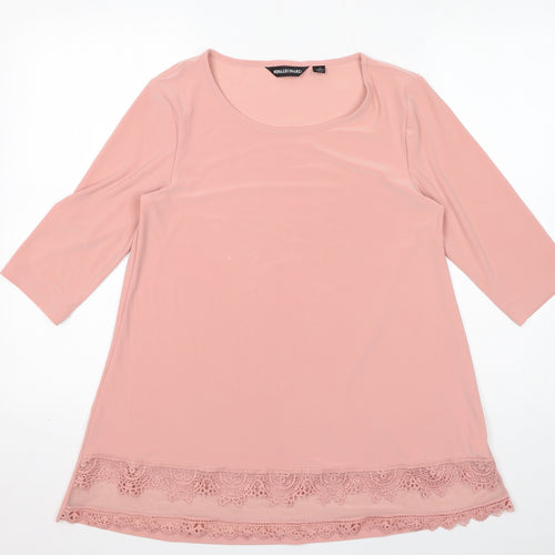 Nina Leonard Womens Pink Polyamide Basic T-Shirt Size M Scoop Neck - Lace Trim