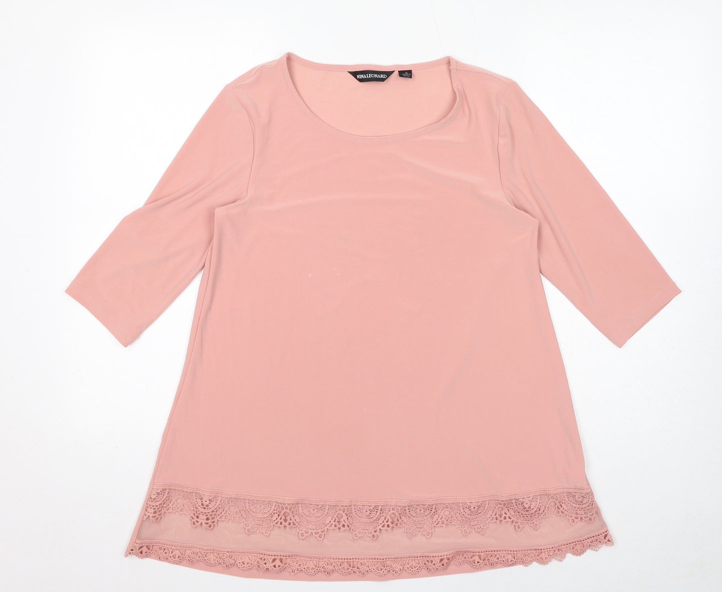 Nina Leonard Womens Pink Polyamide Basic T-Shirt Size M Scoop Neck - Lace Trim