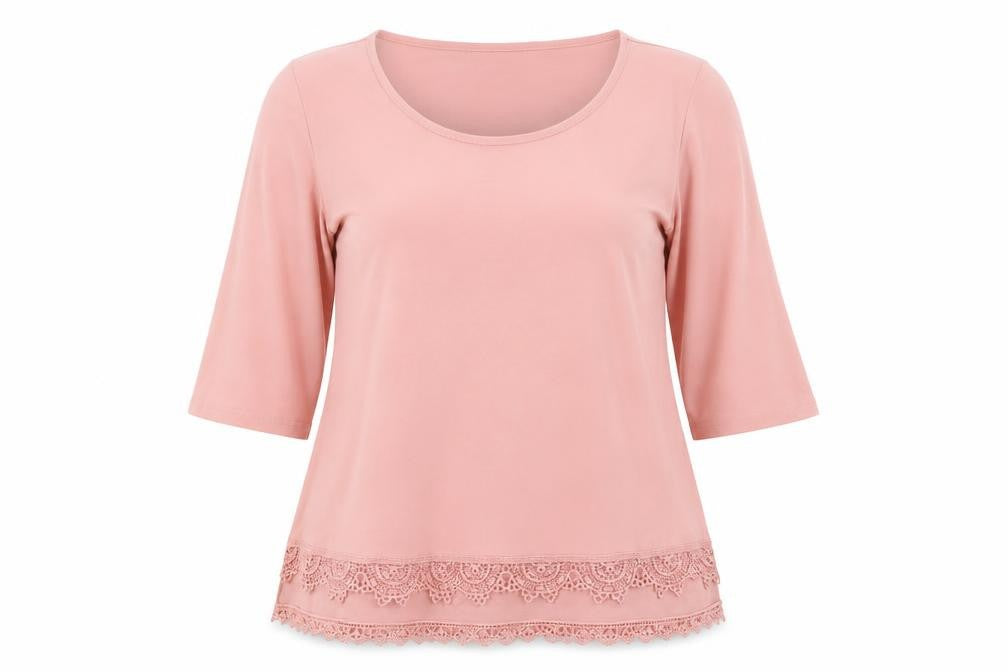 Front view of Nina Leonard women’s pink polyamide basic t-shirt, size M, scoop neck - lace trim