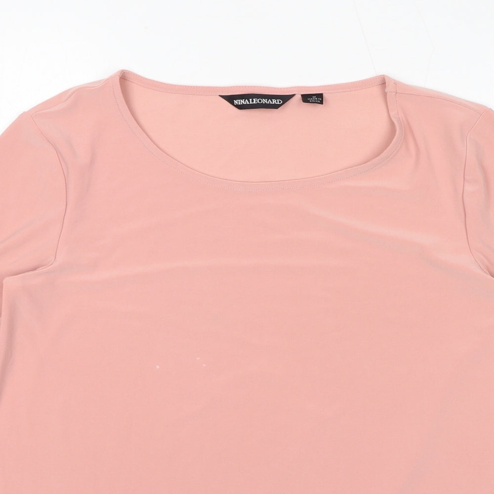 Nina Leonard Womens Pink Polyamide Basic T-Shirt Size M Scoop Neck - Lace Trim