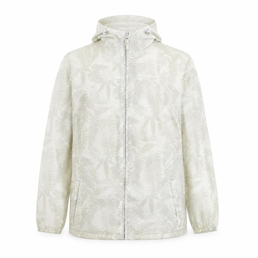 Front view of Quechua women’s beige geometric rain coat coat, size S, zip - leaf print