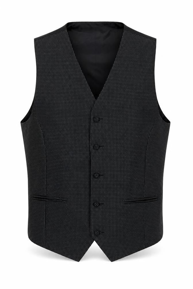 Front view of Marks & Spencer men’s black polyester jacket suit waistcoat, size 38, regular