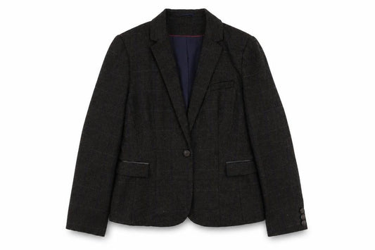 Front view of Dunnes women’s brown plaid polyester jacket suit jacket, size UK 16