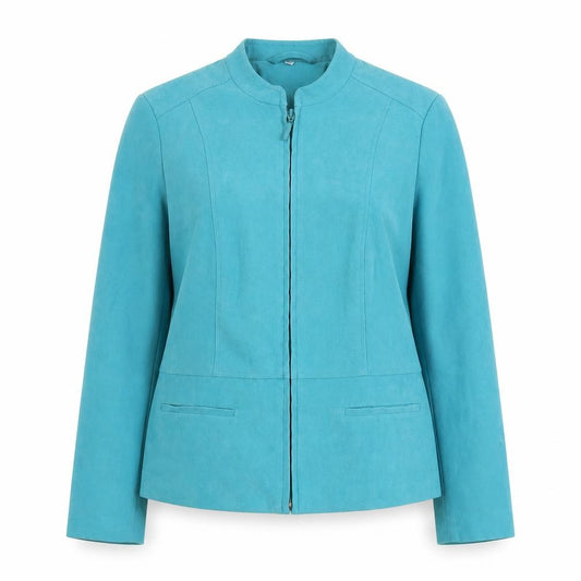 Front view of EWM women’s blue jacket, size UK 12, zip