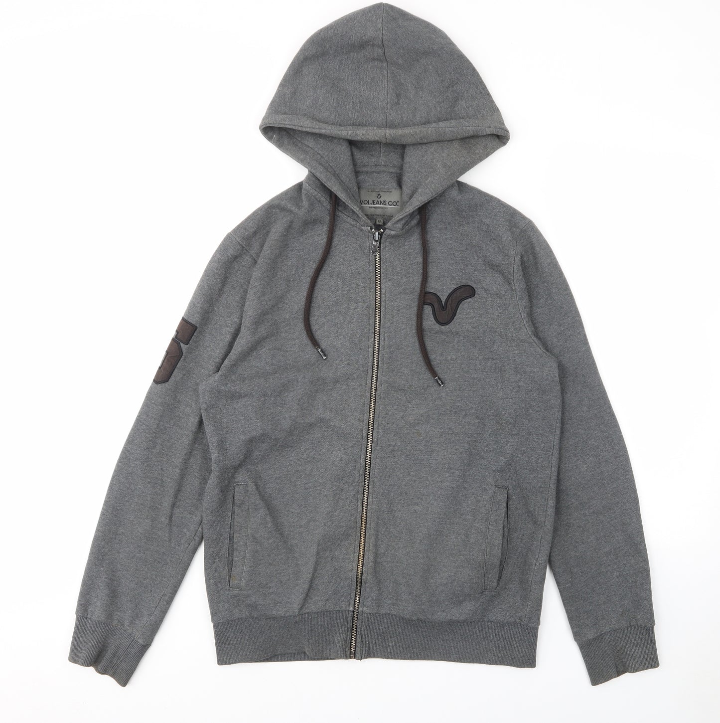 Voi Jeans Mens Grey Cotton Pullover Hoodie Size M - Pockets, Logo, Embroided