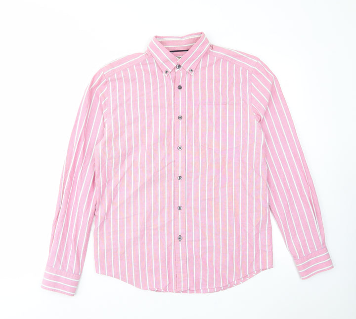 John Lewis Mens Pink Striped Cotton Button-Up Size S Collared Button - Pocket