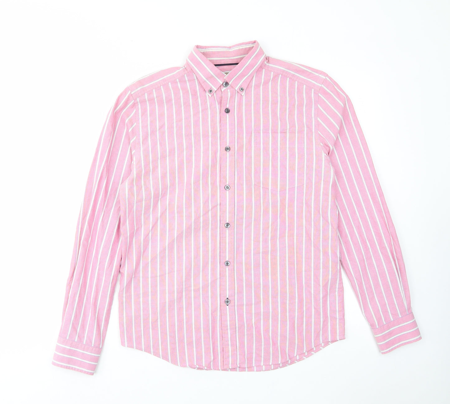 John Lewis Mens Pink Striped Cotton Button-Up Size S Collared Button - Pocket