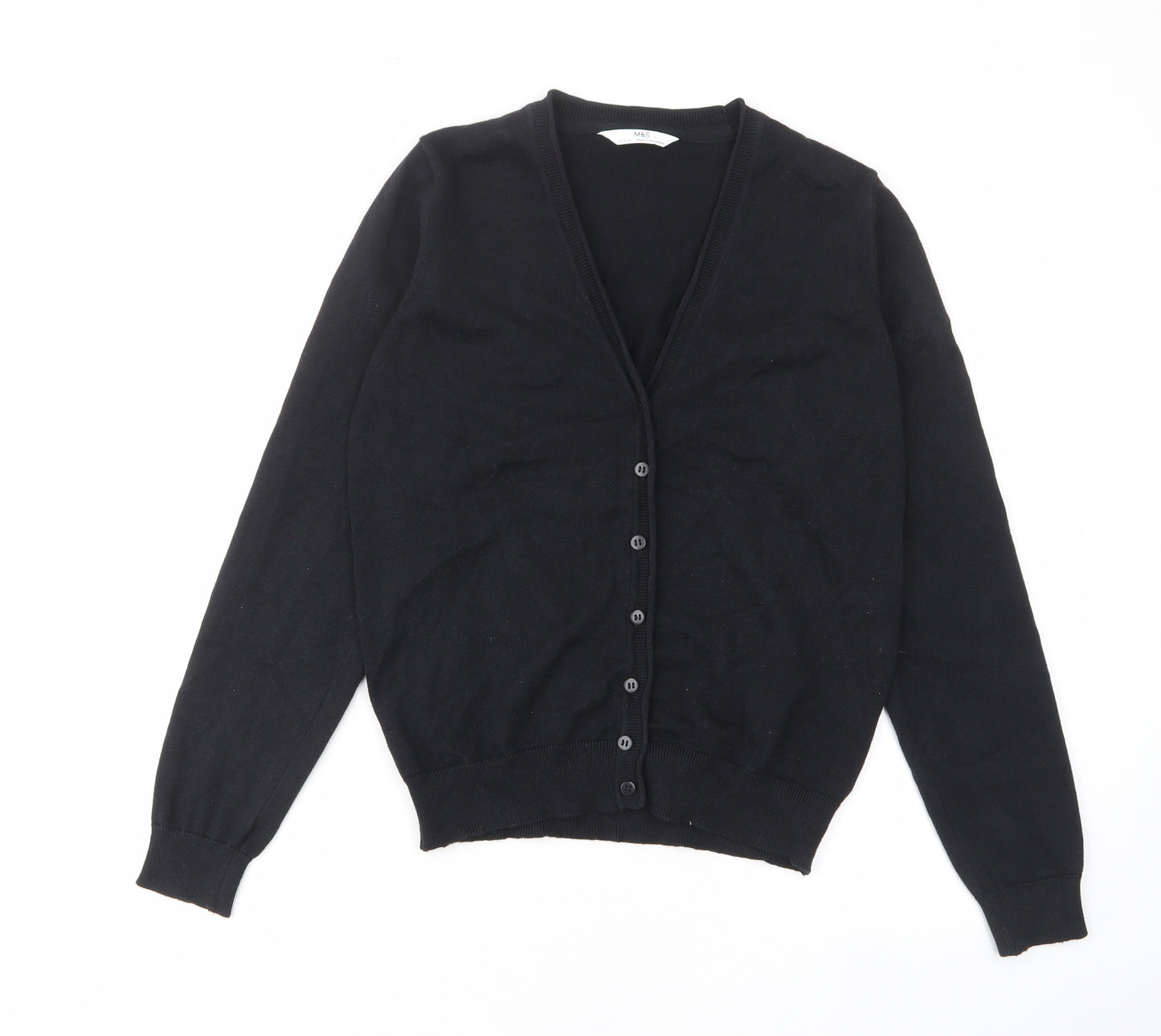 Marks and Spencer Girls Black V-Neck Cotton Cardigan Jumper Size 12-13 Years Button - Buttons