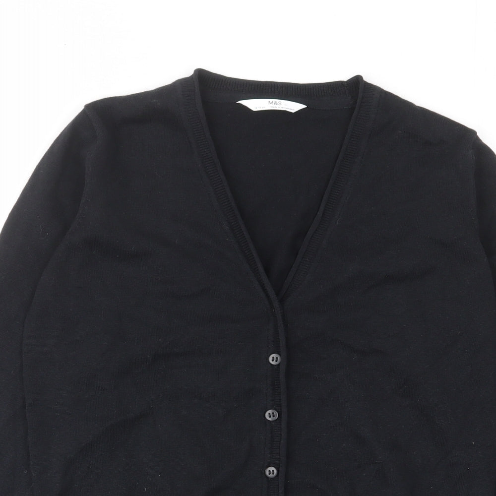 Marks and Spencer Girls Black V-Neck Cotton Cardigan Jumper Size 12-13 Years Button - Buttons