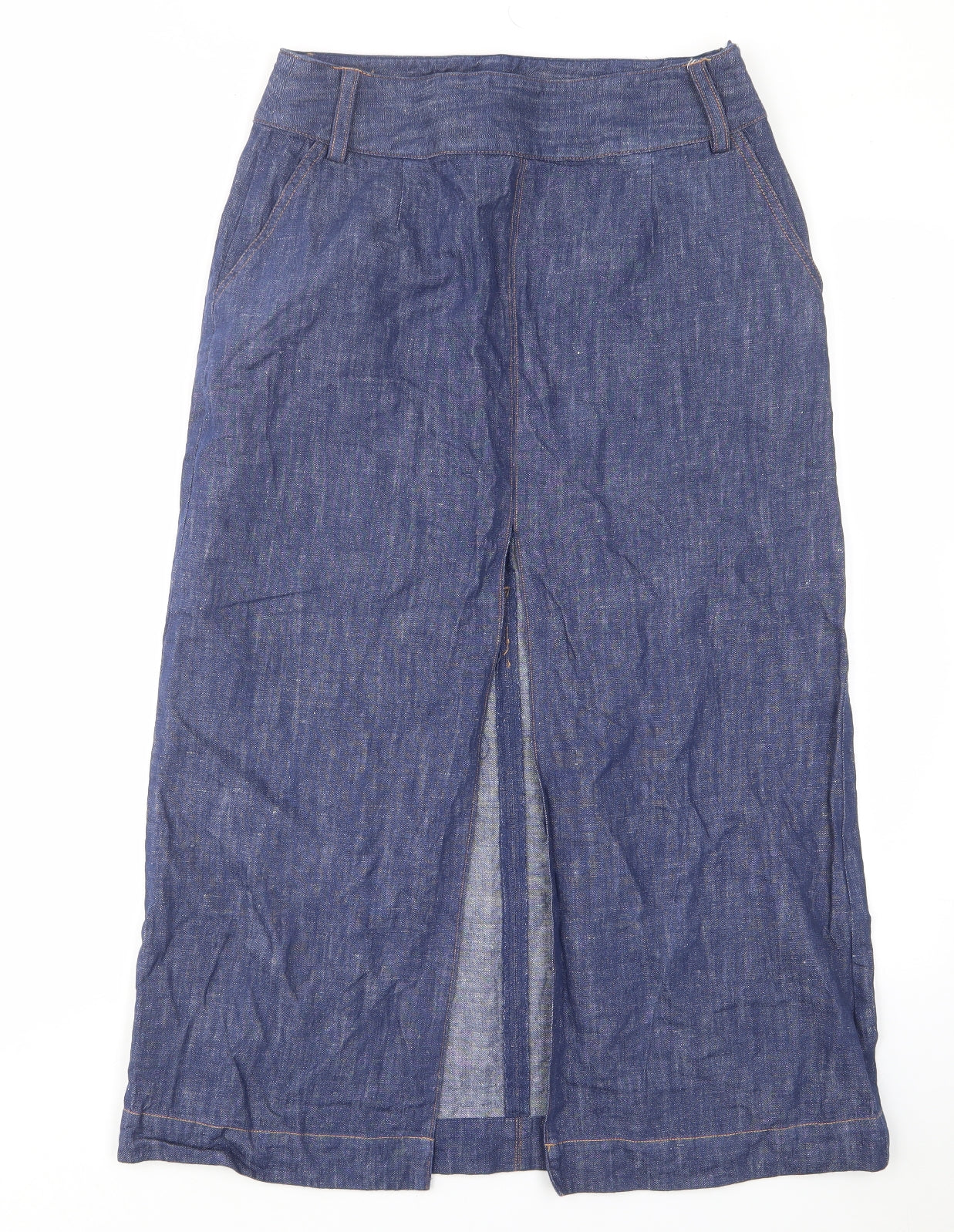 Marks and Spencer Womens Blue Cotton A-Line Skirt Size 10 Zip - Slit