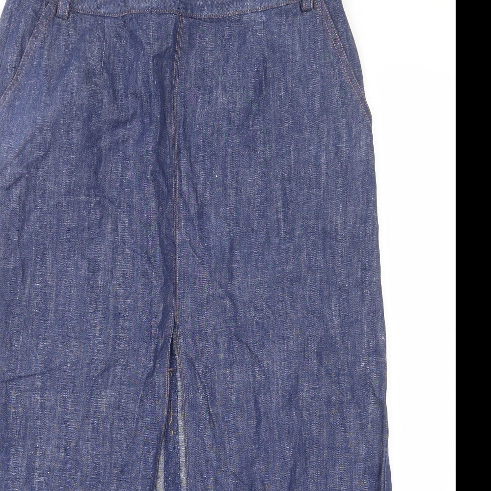 Marks and Spencer Womens Blue Cotton A-Line Skirt Size 10 Zip - Slit