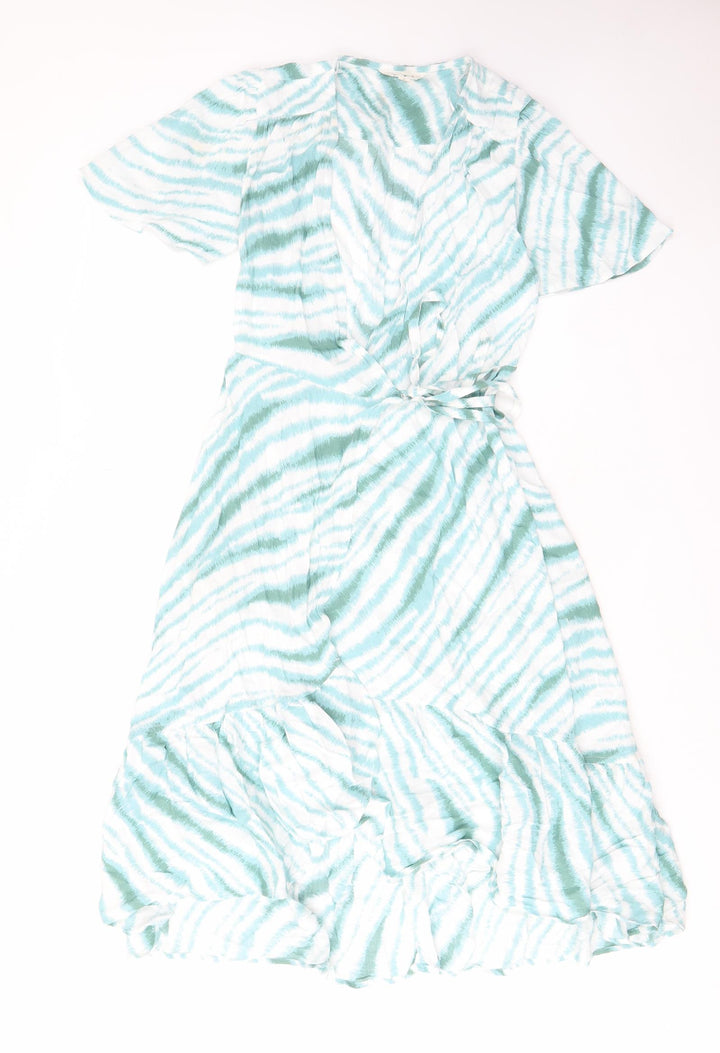 Per Una Womens Green Geometric Viscose Wrap Dress Size 6 V-Neck Button