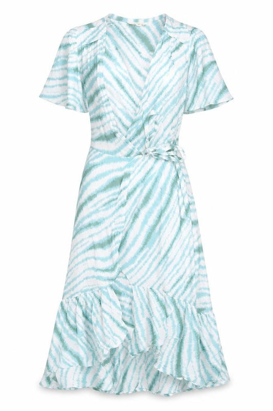 Front view of Per Una women’s green geometric viscose wrap dress, size UK 6, v-neck button