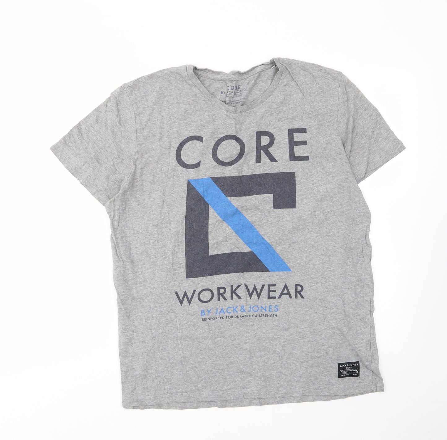 JACK & JONES Mens Grey Cotton T-Shirt Size 2XL Crew Neck - Logo, Embroided