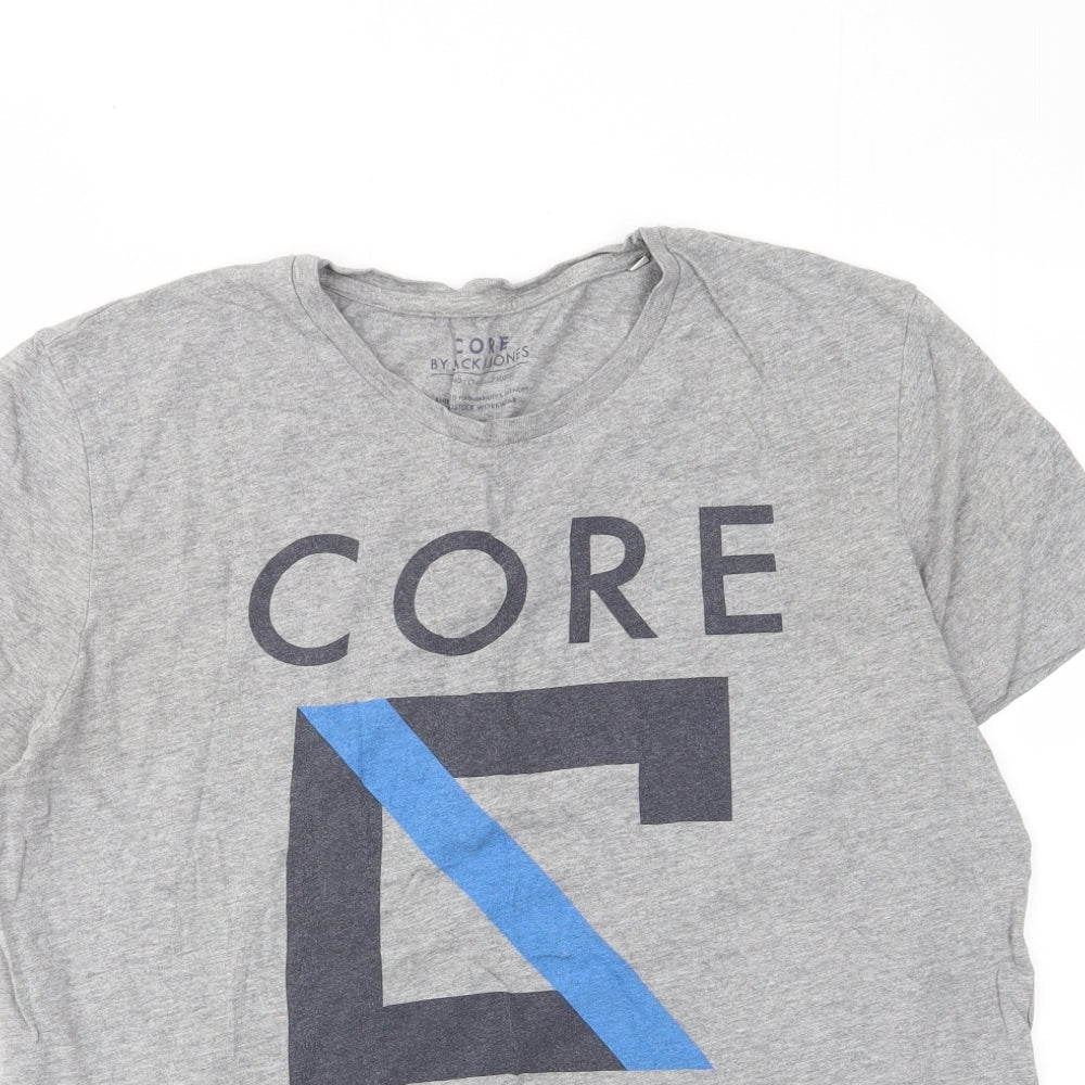 JACK & JONES Mens Grey Cotton T-Shirt Size 2XL Crew Neck - Logo, Embroided