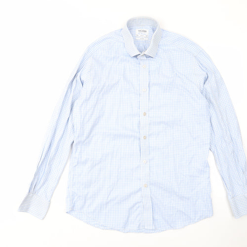 T.M.Lewin Mens Blue Plaid Cotton Button-Up Size 16 Collared Button