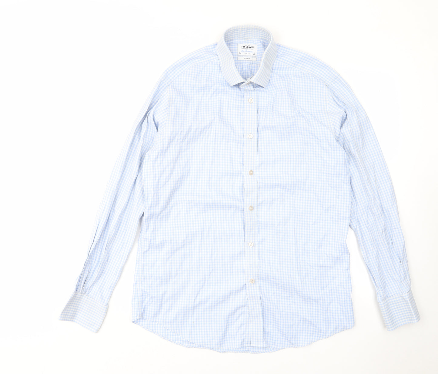 T.M.Lewin Mens Blue Plaid Cotton Button-Up Size 16 Collared Button