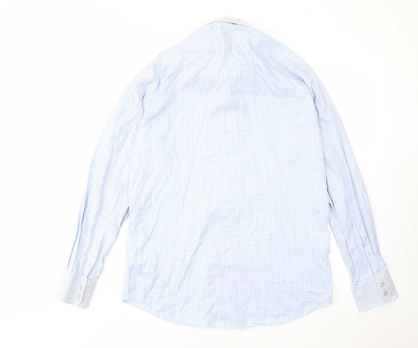 T.M.Lewin Mens Blue Plaid Cotton Button-Up Size 16 Collared Button