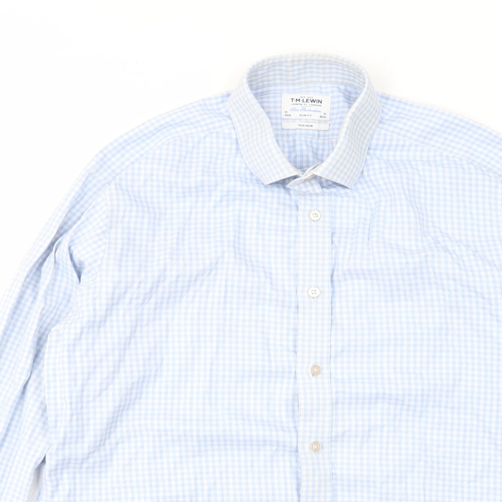 T.M.Lewin Mens Blue Plaid Cotton Button-Up Size 16 Collared Button
