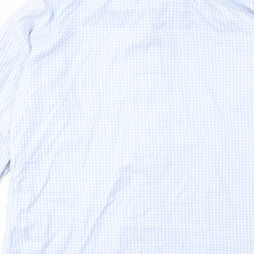 T.M.Lewin Mens Blue Plaid Cotton Button-Up Size 16 Collared Button