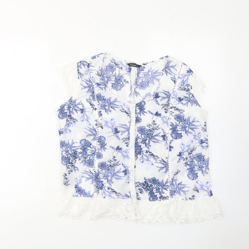 Roman Womens Blue Floral Cotton Basic Button-Up Size 12 Scoop Neck - Embroided