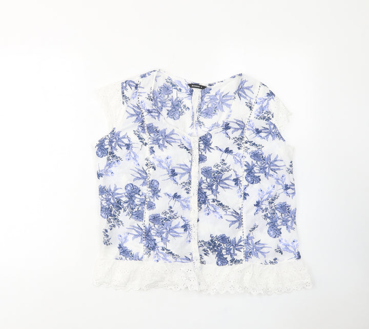 Roman Womens Blue Floral Cotton Basic Button-Up Size 12 Scoop Neck - Embroided