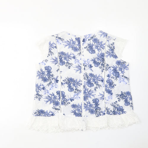 Roman Womens Blue Floral Cotton Basic Button-Up Size 12 Scoop Neck - Embroided