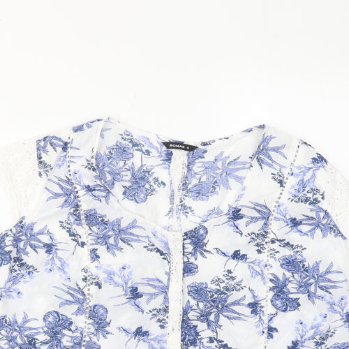 Roman Womens Blue Floral Cotton Basic Button-Up Size 12 Scoop Neck - Embroided