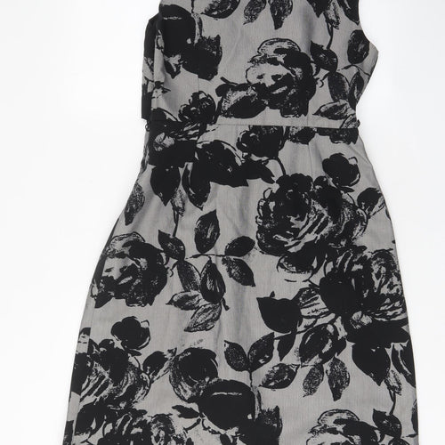 Per Una Womens Grey Floral Cotton Fit & Flare Size 10 V-Neck Zip - Bow, Pleated, Lined