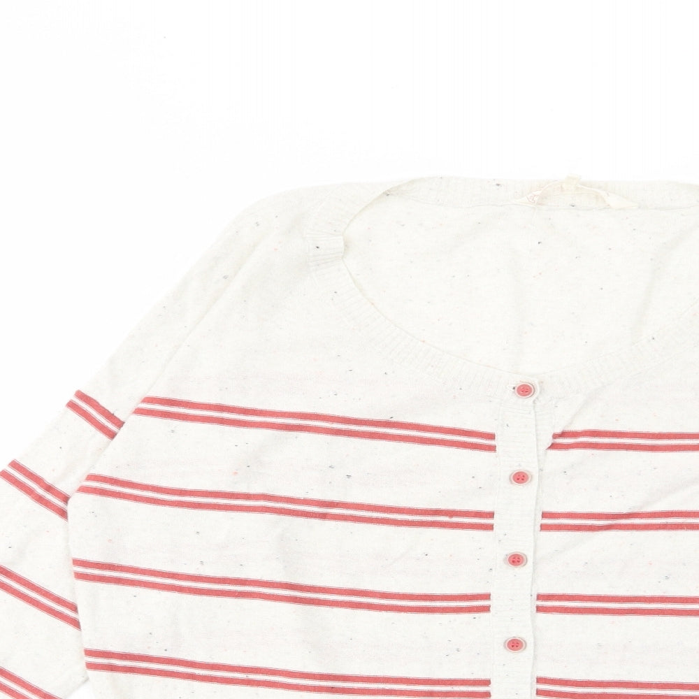 Fat Face Womens Ivory Boat Neck Striped Acrylic Cardigan Jumper Size 12 - Logo, Embroided