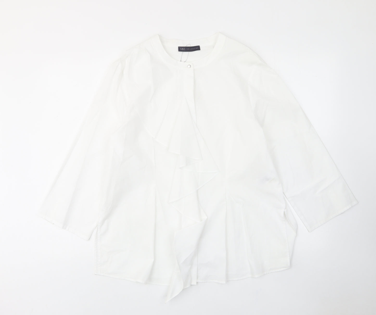 Marks and Spencer Womens White Cotton Basic Button-Up Size 14 Crew Neck - Frill