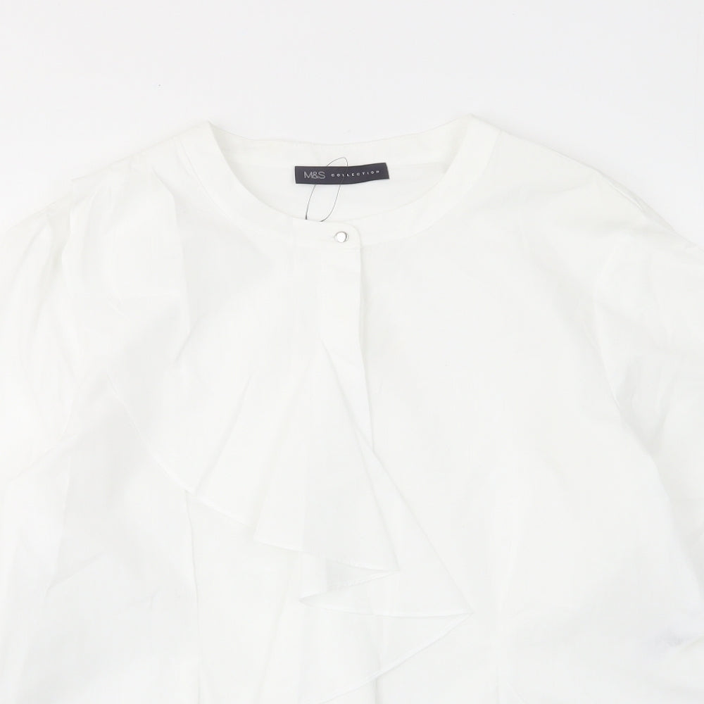 Marks and Spencer Womens White Cotton Basic Button-Up Size 14 Crew Neck - Frill
