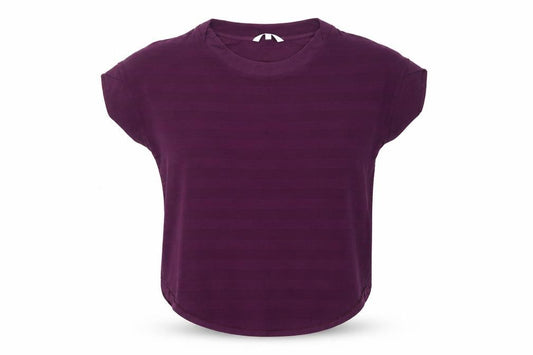 Front view of Next women’s purple striped viscose basic t-shirt, size UK 8, crew neck - ruched sides