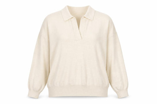 Front view of Mark Alexander women’s beige v-neck polyester jumper, size XL, - collared
