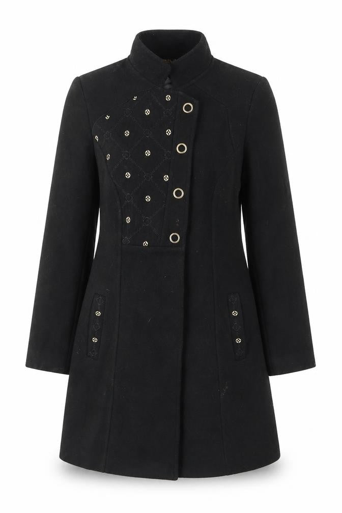 Tasan Womens Black Argyle/Diamond Overcoat Coat Size S Snap - Pockets, Embroided, Collared, Gitter