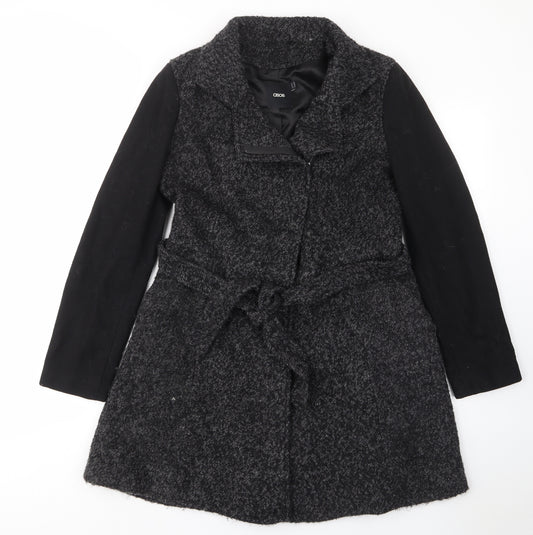 Front view of ASOS women’s grey overcoat coat, size UK 10, zip - pockets, belted